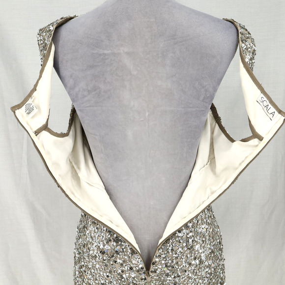 Scala Dress Womens 2 Silk Silver Sequins Off Shoulder FLAW Some sequins missing - Picture 16 of 16
